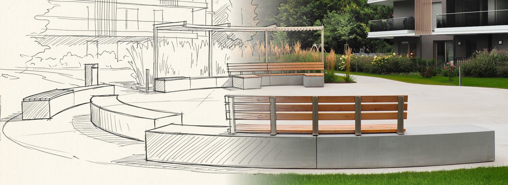 Individuell gefertigte Sitzelemente aus Beton im Wohnpark in Linz von BK BETONDESIGN – von der Skizze zur Umsetzung